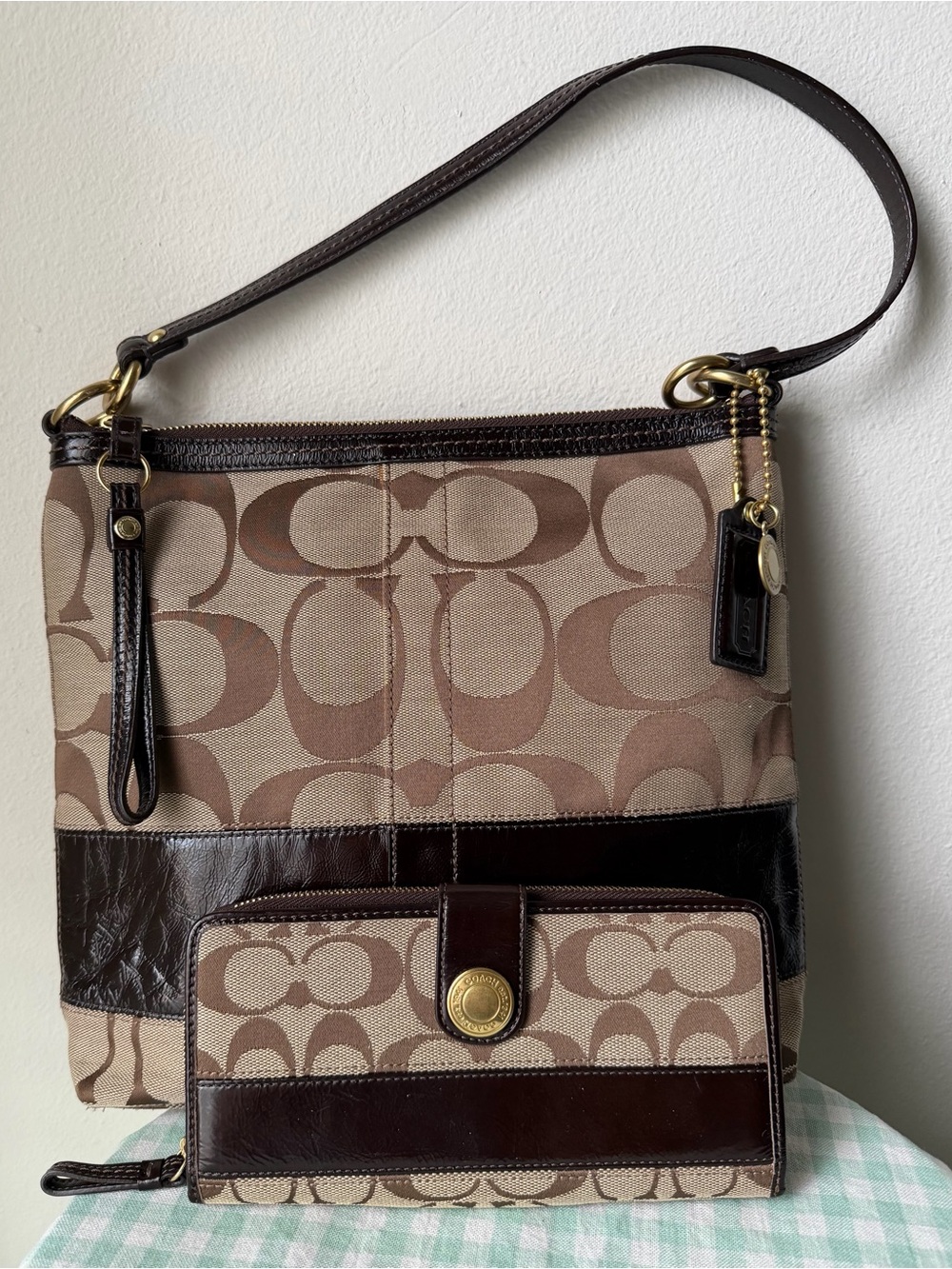 BUNDLE Coach Legacy Brown Signature Stripe Cursive Creed Shoulder Bag & Wallet